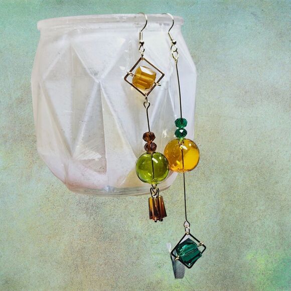 Original Blown Bubble Glass Dangle Earrings Women Fashion Goldtone Earth Tones - Picture 7 of 12